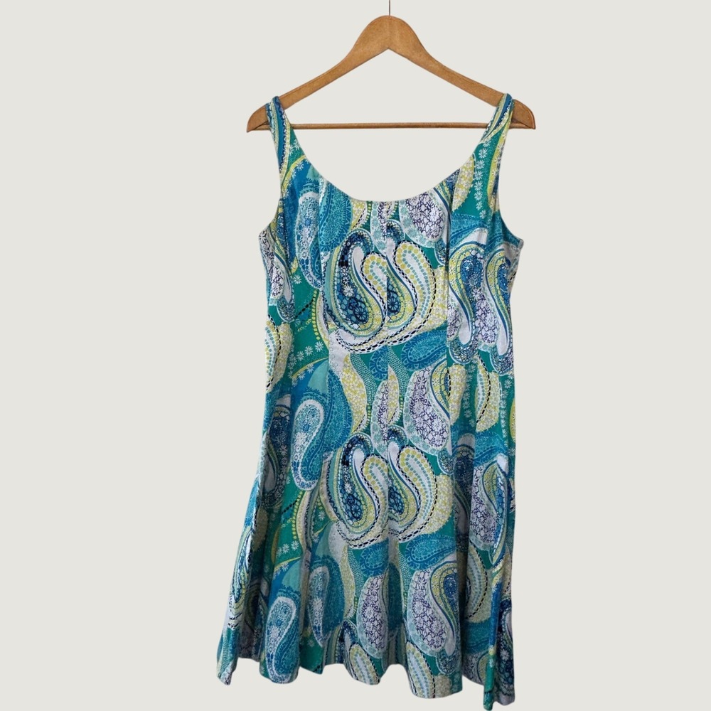 Pappagallo Paisley Sleeveless Shift Dress 12 Blue Green Preppy Coastal Summer